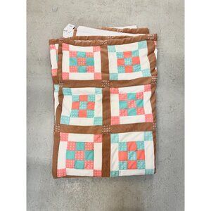 Vintage 70's Handmade Pink Turquoise Brown 92" x 70" Irish Chain Block Quilt